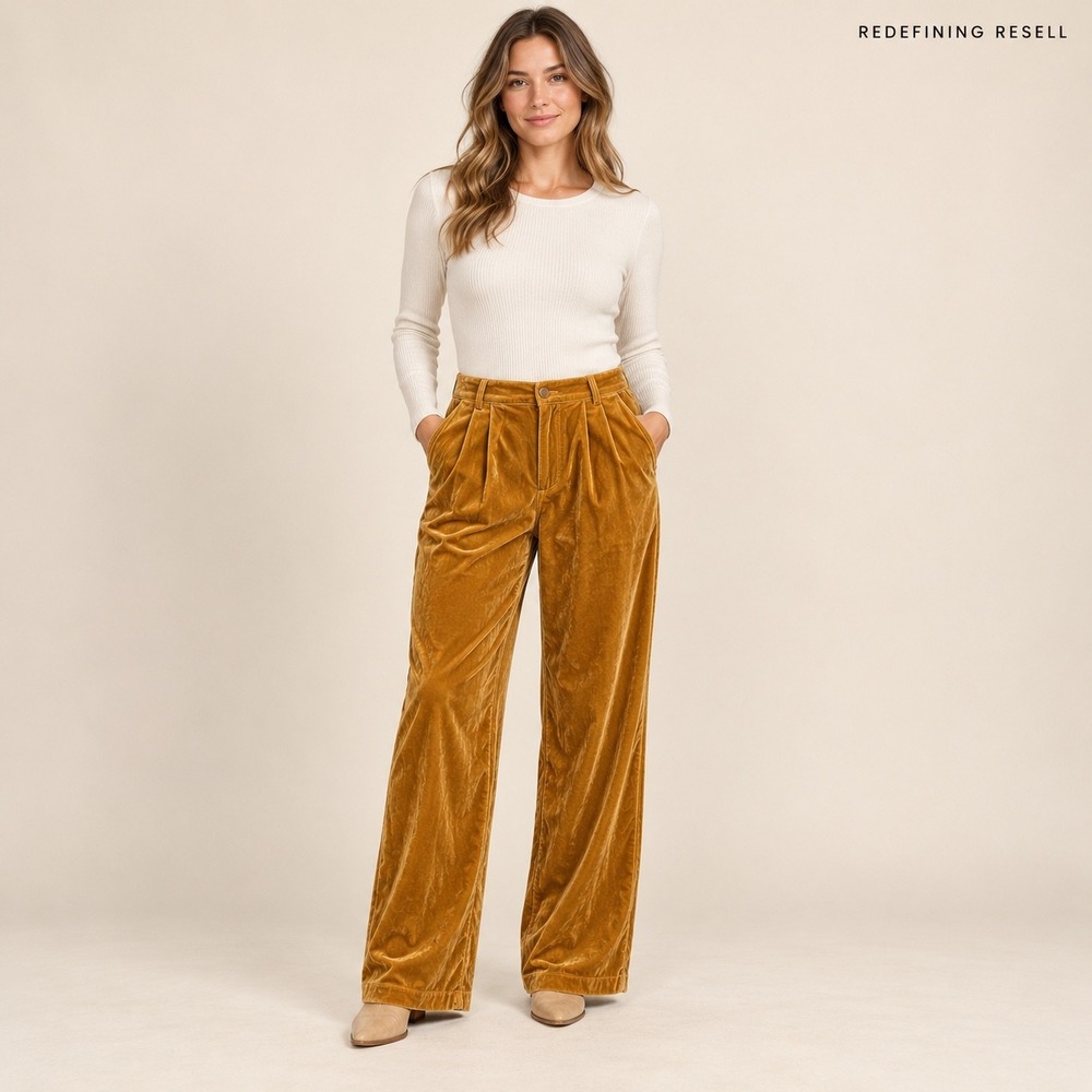 Endless Rose Velvet Wide Leg Pants Yellow Mustard Pleated JL736P Womens Size M